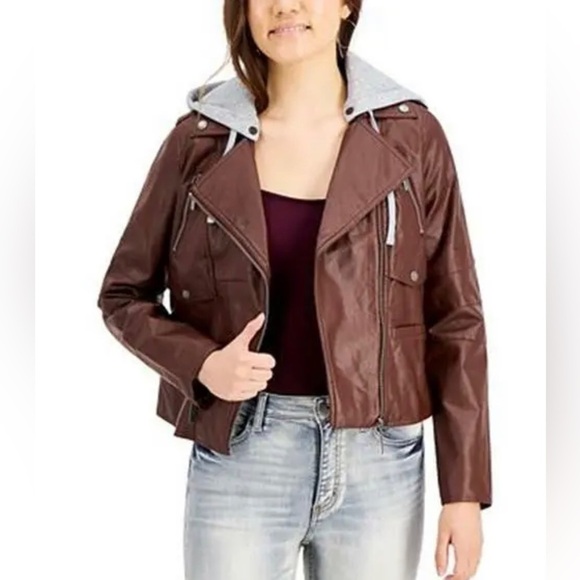Faux-Leather Hoodie Moto Jacket, Sz Large, Extra Large Run Small - Picture 1 of 4